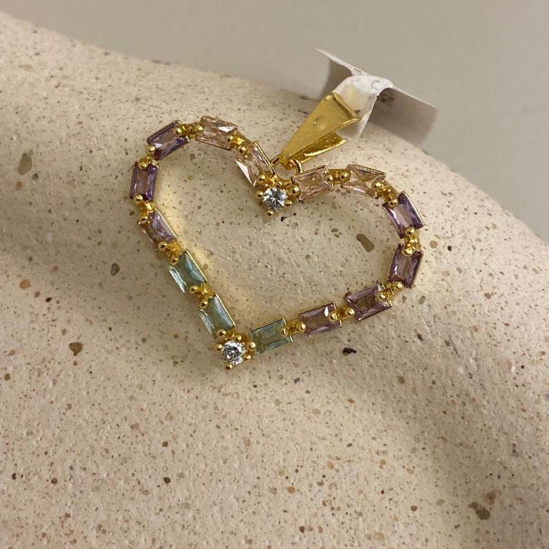 Pingente coração baguete VER/ROXO/ROSA