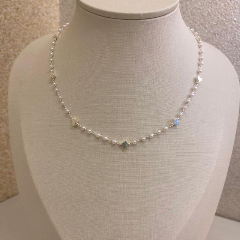Choker Pérolas e coração Prata